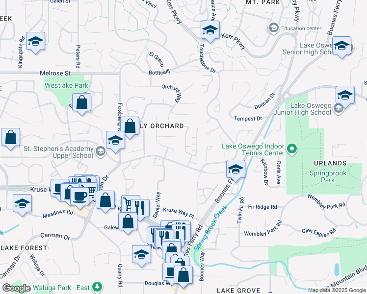 map of restaurants, bars, coffee shops, grocery stores, and more near 14417 Orchard Springs Road in Lake Oswego