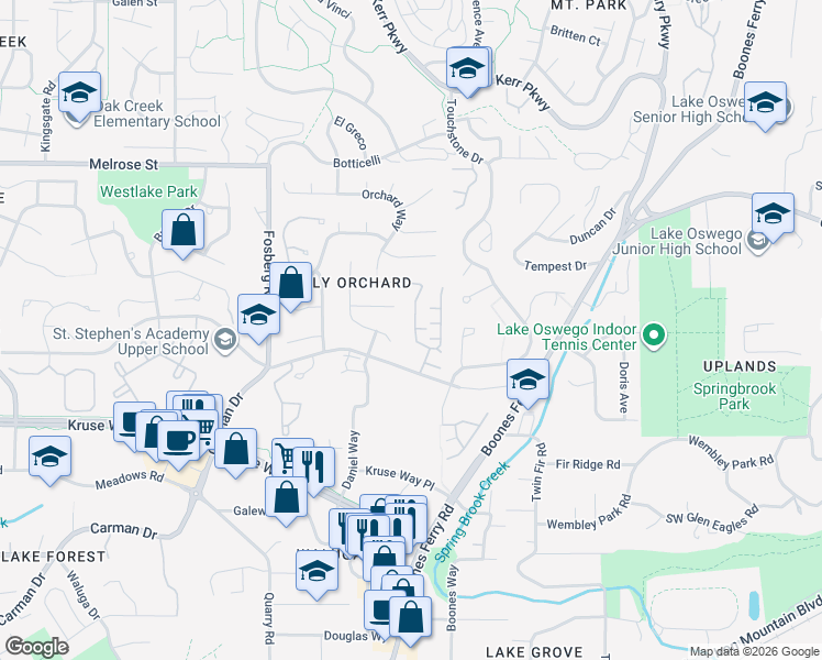 map of restaurants, bars, coffee shops, grocery stores, and more near 14417 Orchard Springs Road in Lake Oswego