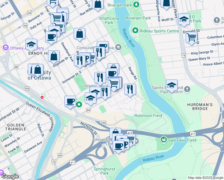 map of restaurants, bars, coffee shops, grocery stores, and more near in Ottawa