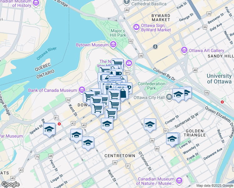 map of restaurants, bars, coffee shops, grocery stores, and more near in Ottawa