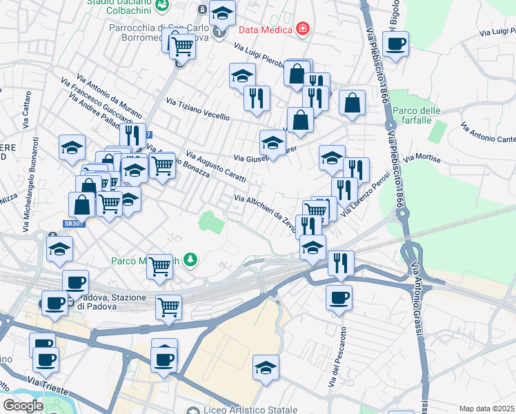 map of restaurants, bars, coffee shops, grocery stores, and more near 6 Via Claudio Monteverdi in Padua