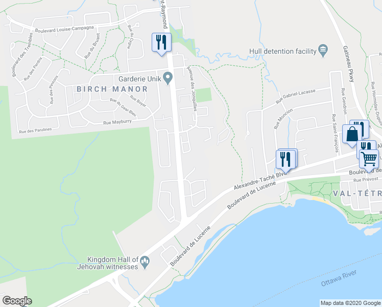 map of restaurants, bars, coffee shops, grocery stores, and more near 42 Impasse des Lilas in Gatineau