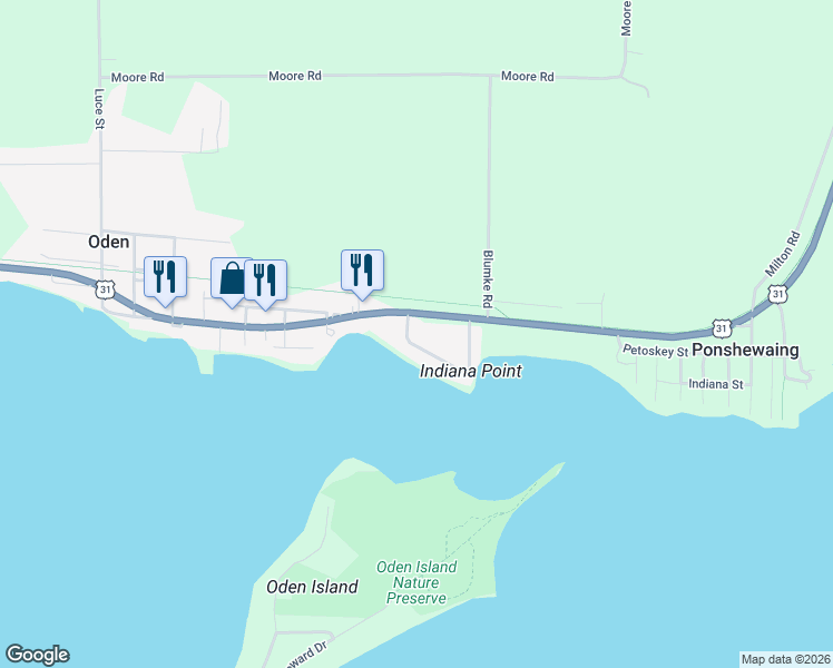 map of restaurants, bars, coffee shops, grocery stores, and more near 4831 Indiana Point Road in Alanson