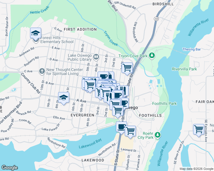 map of restaurants, bars, coffee shops, grocery stores, and more near in Lake Oswego
