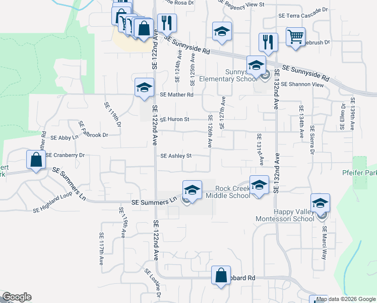 map of restaurants, bars, coffee shops, grocery stores, and more near 12439 Southeast Ashley Street in Clackamas