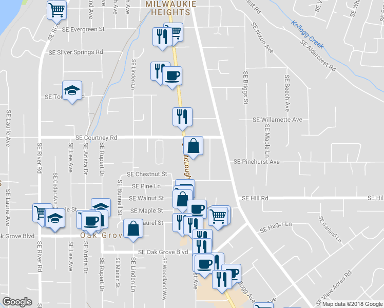 map of restaurants, bars, coffee shops, grocery stores, and more near 14020 Southeast McLoughlin Boulevard in Milwaukie