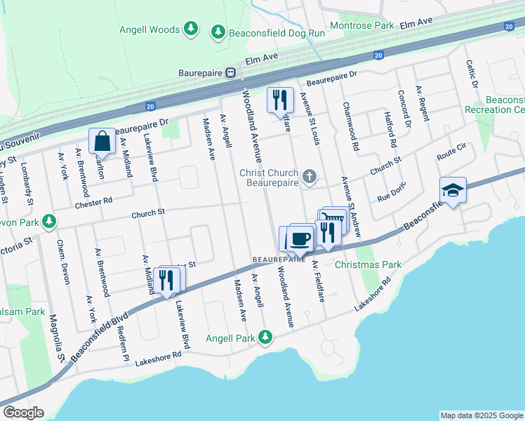map of restaurants, bars, coffee shops, grocery stores, and more near 76 Avenue Woodland in Beaconsfield