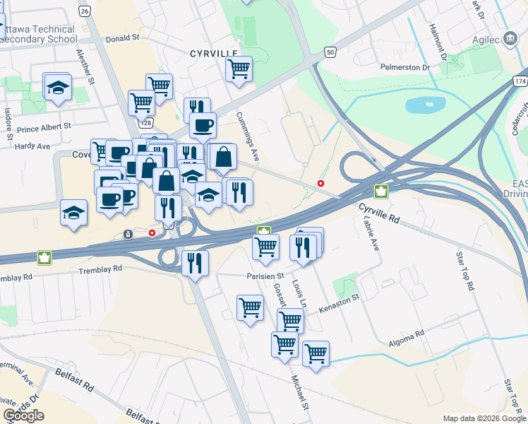 map of restaurants, bars, coffee shops, grocery stores, and more near 4200 Labelle Street in Ottawa
