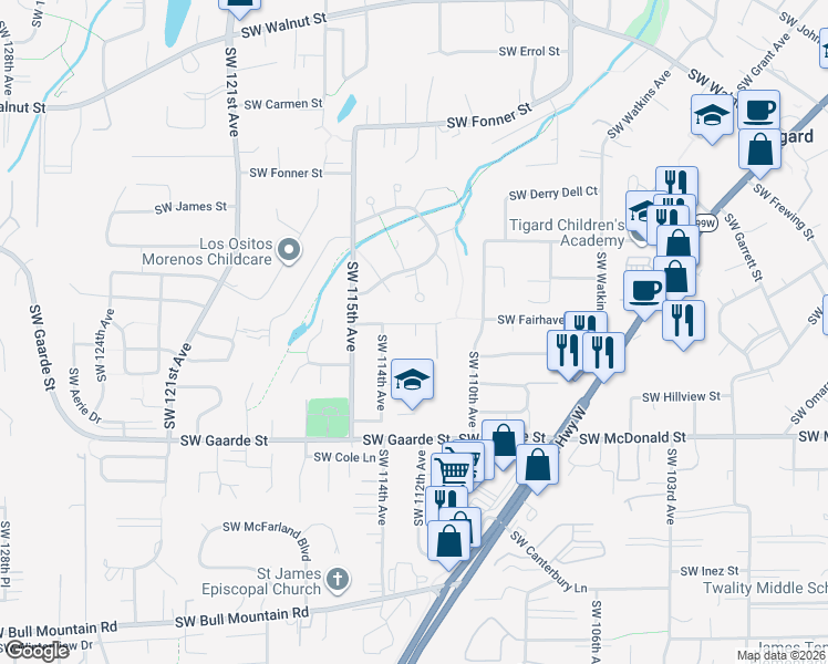 map of restaurants, bars, coffee shops, grocery stores, and more near 11271 Southwest Fairhaven Court in Tigard