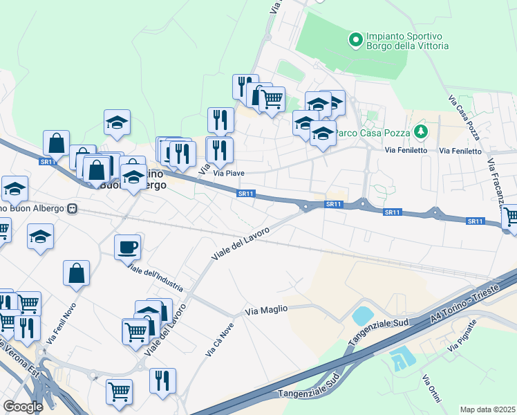 map of restaurants, bars, coffee shops, grocery stores, and more near 5 Via Paglia in San Martino Buon Albergo