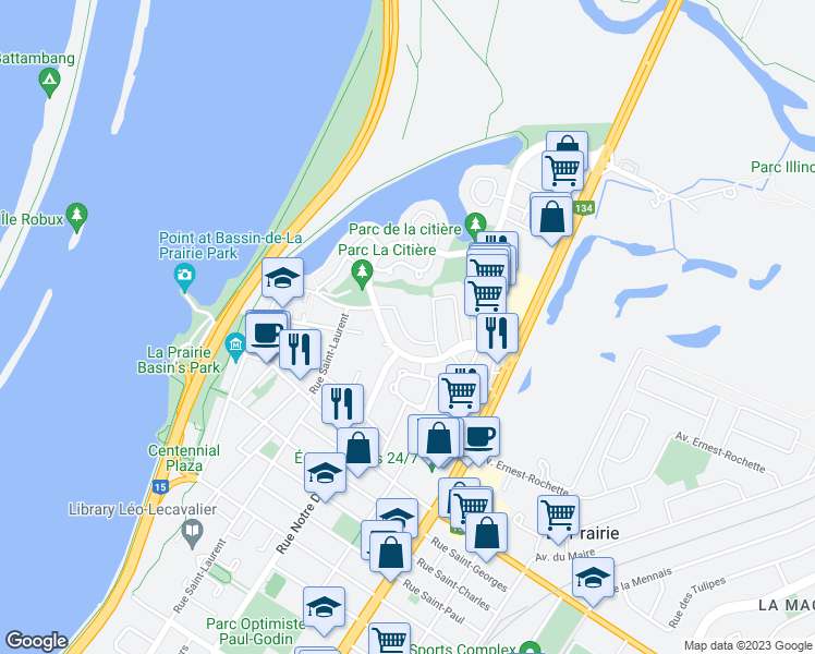 map of restaurants, bars, coffee shops, grocery stores, and more near 55 Rue Beauséjour in La Prairie