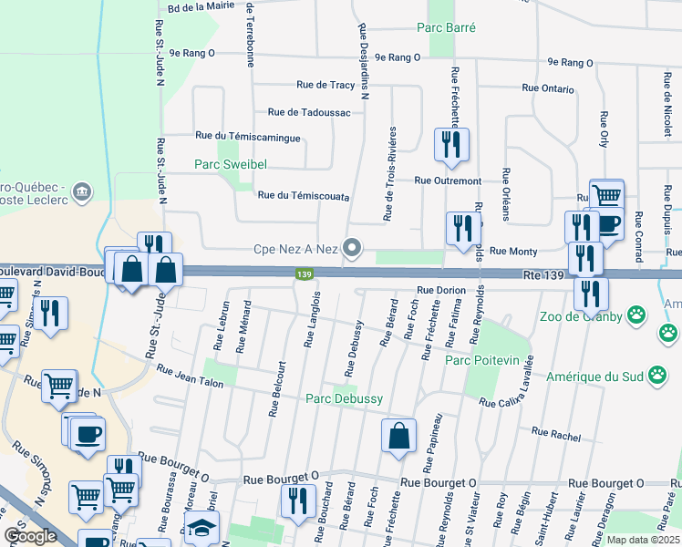map of restaurants, bars, coffee shops, grocery stores, and more near Boulevard David Bouchard N & Rue Desjardins N in Granby