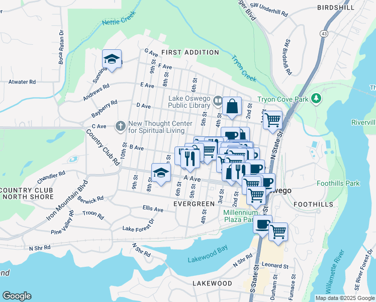 map of restaurants, bars, coffee shops, grocery stores, and more near 511 6th Street in Lake Oswego