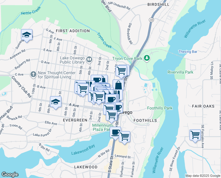 map of restaurants, bars, coffee shops, grocery stores, and more near 560 1st Street in Lake Oswego