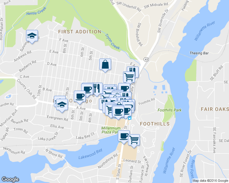 map of restaurants, bars, coffee shops, grocery stores, and more near 560 1st Street in Lake Oswego