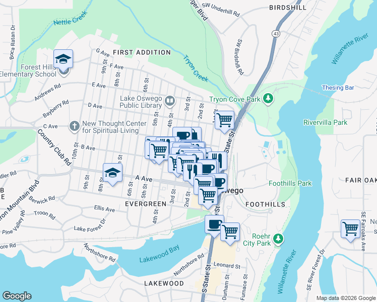 map of restaurants, bars, coffee shops, grocery stores, and more near in Lake Oswego