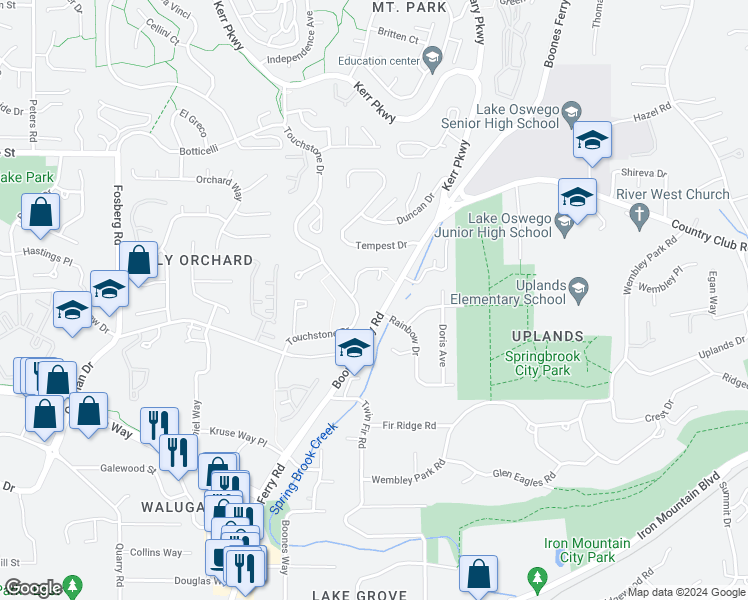 map of restaurants, bars, coffee shops, grocery stores, and more near in Lake Oswego