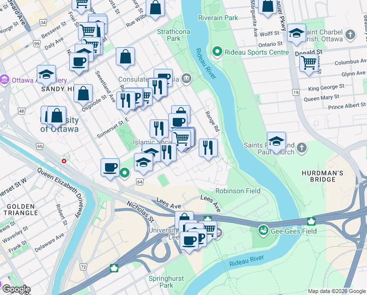 map of restaurants, bars, coffee shops, grocery stores, and more near in Ottawa