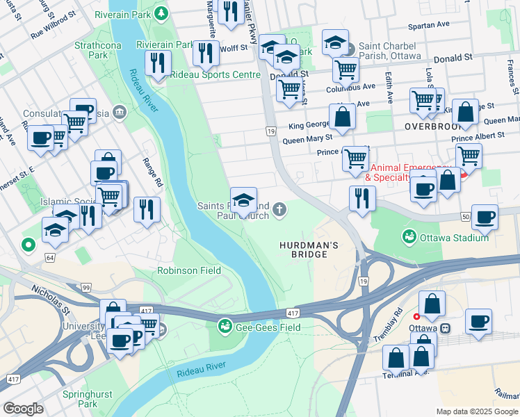 map of restaurants, bars, coffee shops, grocery stores, and more near 17 Wright Street in Ottawa
