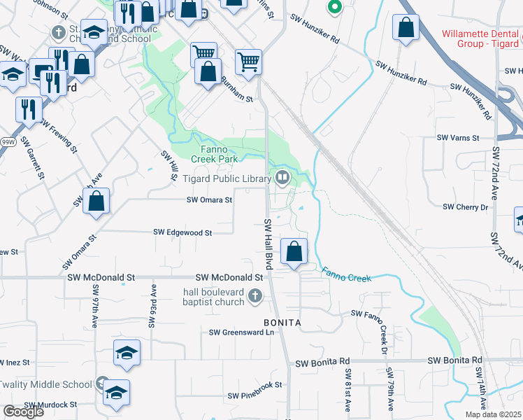 map of restaurants, bars, coffee shops, grocery stores, and more near 13615 Southwest Hall Boulevard in Tigard