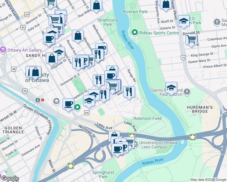 map of restaurants, bars, coffee shops, grocery stores, and more near 240 Avenue Blackburn in Ottawa