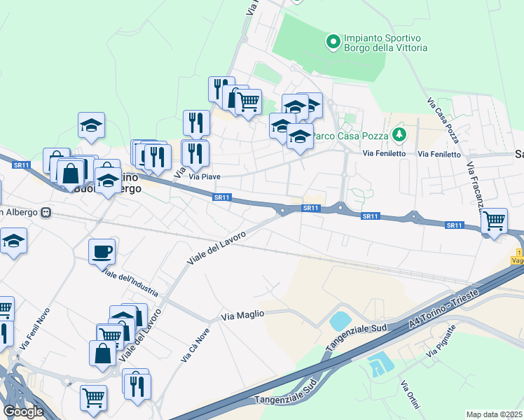map of restaurants, bars, coffee shops, grocery stores, and more near 38 Via Nazionale in San Martino Buon Albergo