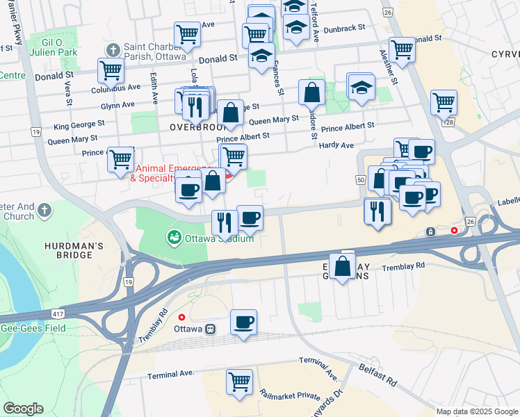 map of restaurants, bars, coffee shops, grocery stores, and more near 383 Coventry Road in Ottawa