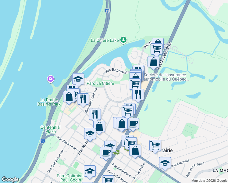 map of restaurants, bars, coffee shops, grocery stores, and more near 55 Rue Beauséjour in La Prairie