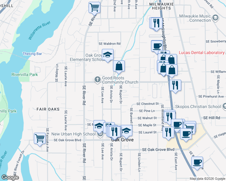 map of restaurants, bars, coffee shops, grocery stores, and more near 14028 Southeast Arista Drive in Oak Grove