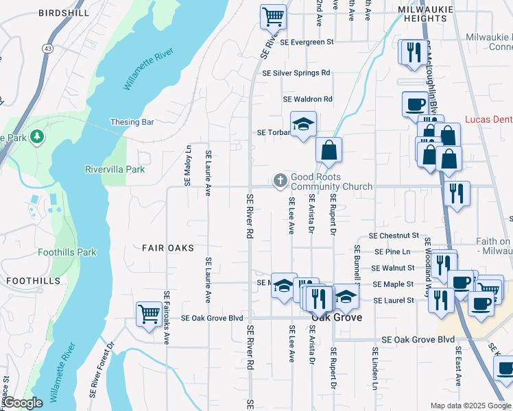 map of restaurants, bars, coffee shops, grocery stores, and more near 14015 Southeast Cedar Avenue in Milwaukie