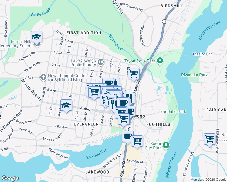 map of restaurants, bars, coffee shops, grocery stores, and more near in Lake Oswego