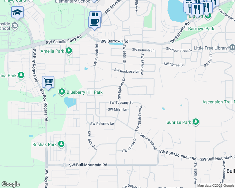 map of restaurants, bars, coffee shops, grocery stores, and more near 16086 Southwest Cattail Court in Tigard
