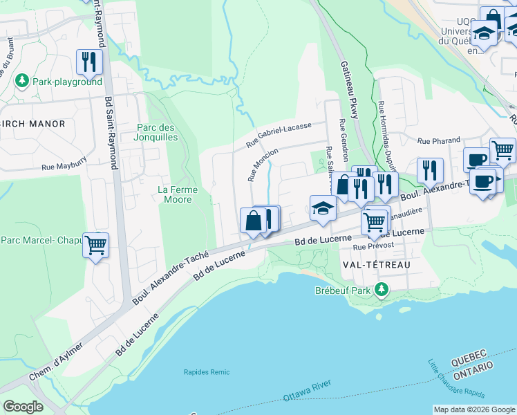 map of restaurants, bars, coffee shops, grocery stores, and more near 67 Rue Moncion in Gatineau