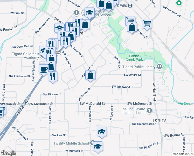 map of restaurants, bars, coffee shops, grocery stores, and more near 9555 Southwest Frewing Street in Tigard