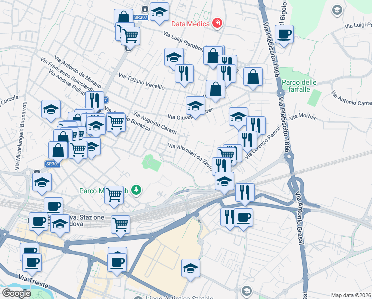 map of restaurants, bars, coffee shops, grocery stores, and more near 6 Via Claudio Monteverdi in Padua
