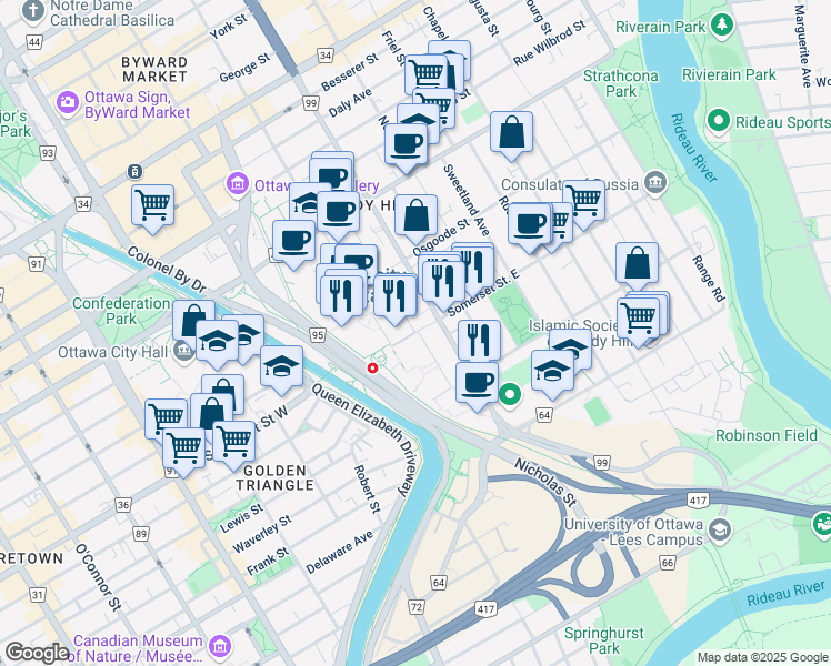 map of restaurants, bars, coffee shops, grocery stores, and more near 100 Marie Curie Private in Ottawa