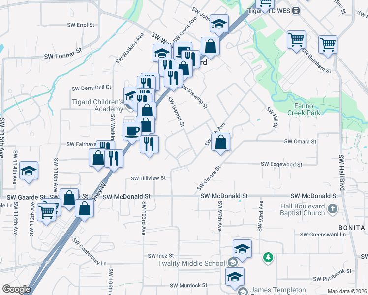map of restaurants, bars, coffee shops, grocery stores, and more near 13605 Southwest Garrett Court in Tigard