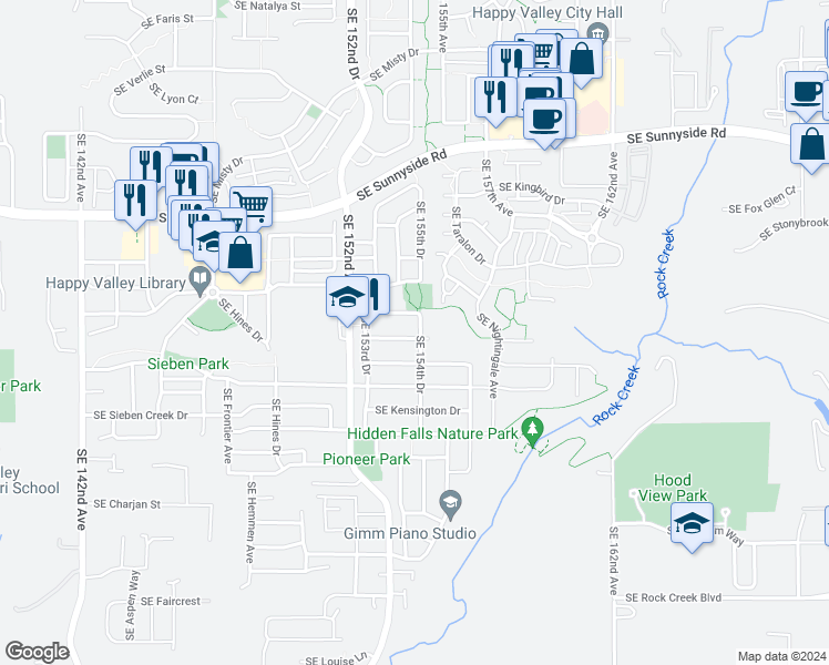 map of restaurants, bars, coffee shops, grocery stores, and more near 15399 Southeast Elinor Street in Clackamas