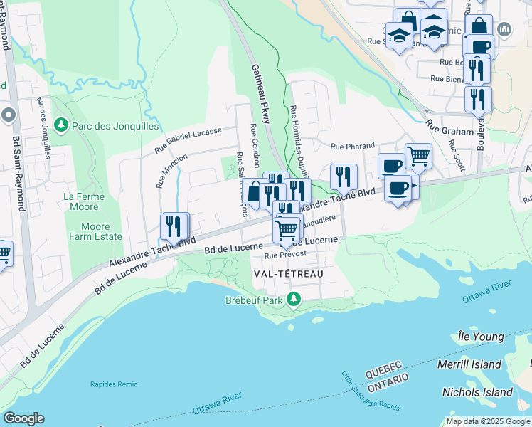 map of restaurants, bars, coffee shops, grocery stores, and more near 402 Boulevard Alexandre-Taché in Gatineau