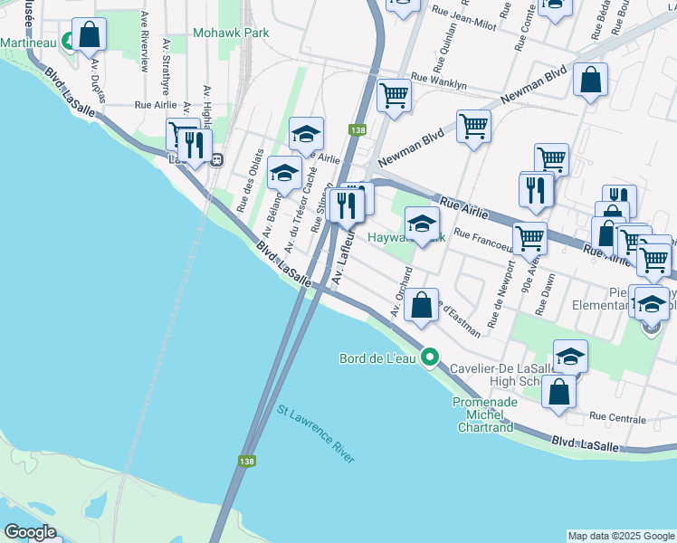 map of restaurants, bars, coffee shops, grocery stores, and more near 40 Lafleur Avenue in Montreal