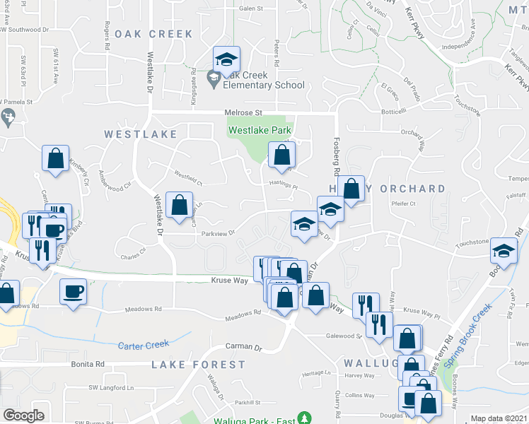 map of restaurants, bars, coffee shops, grocery stores, and more near 4999 Parkview Drive in Lake Oswego