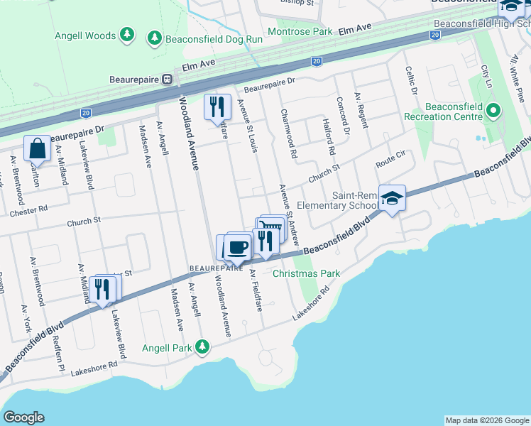 map of restaurants, bars, coffee shops, grocery stores, and more near 72 Avenue Saint Louis in Beaconsfield