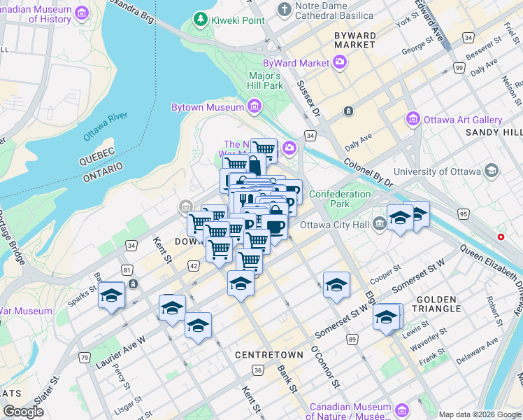 map of restaurants, bars, coffee shops, grocery stores, and more near in Ottawa