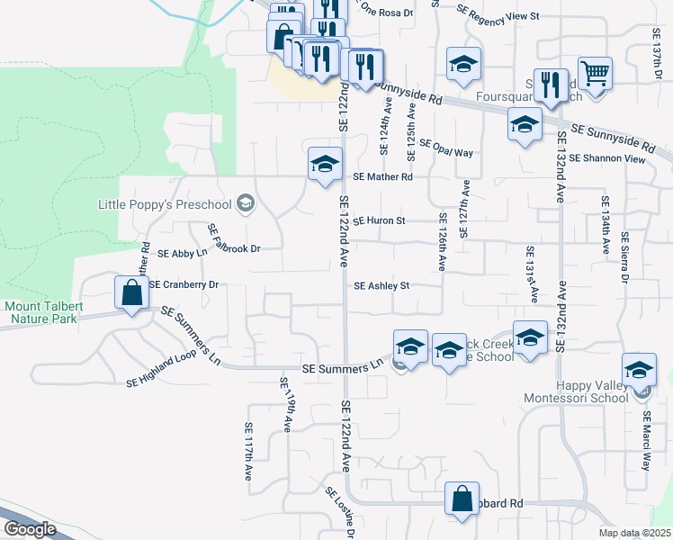 map of restaurants, bars, coffee shops, grocery stores, and more near 12092 Southeast Summer Place in Clackamas