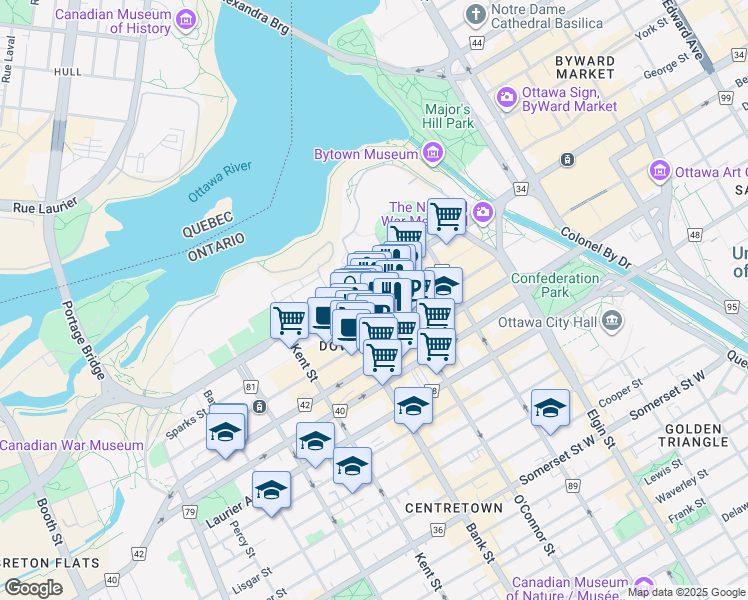 map of restaurants, bars, coffee shops, grocery stores, and more near in Ottawa