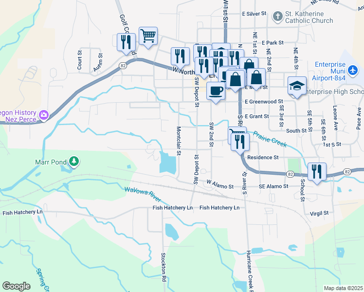 map of restaurants, bars, coffee shops, grocery stores, and more near 602 Southwest Depot Street in Enterprise