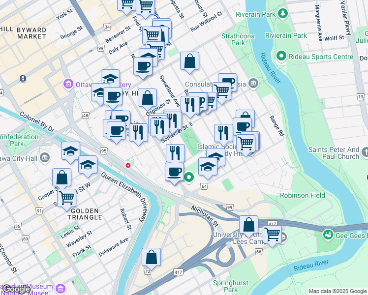 map of restaurants, bars, coffee shops, grocery stores, and more near 209 Henderson Avenue in Ottawa