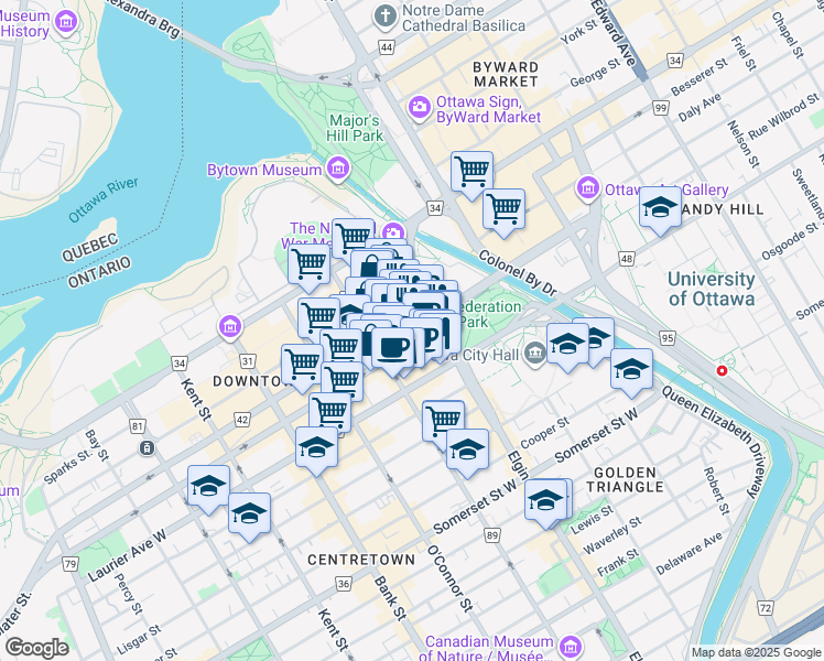 map of restaurants, bars, coffee shops, grocery stores, and more near 100 Elgin Street in Ottawa