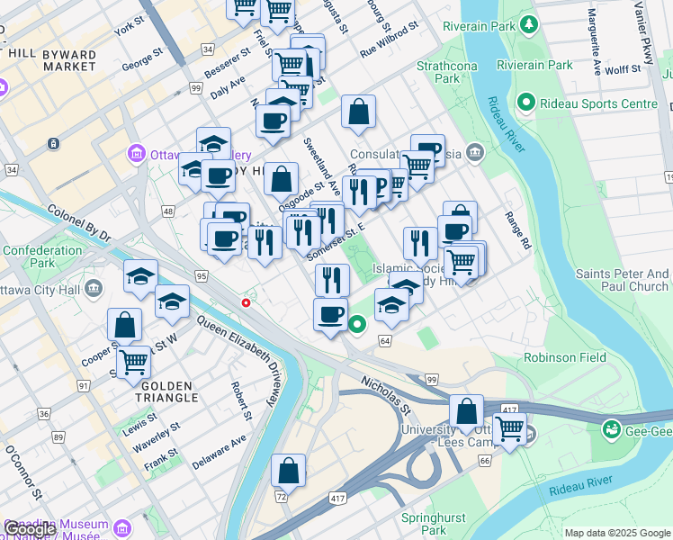 map of restaurants, bars, coffee shops, grocery stores, and more near 209 Henderson Avenue in Ottawa