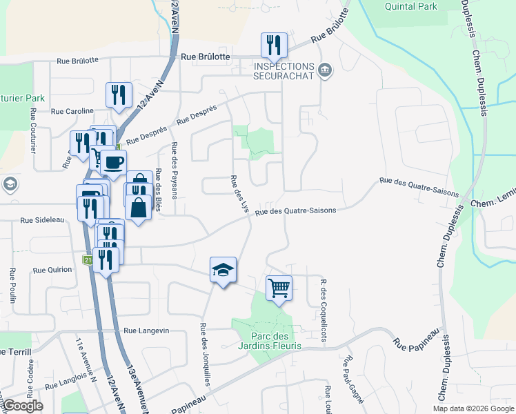 map of restaurants, bars, coffee shops, grocery stores, and more near 1173 Rue des Quatre-Saisons in Sherbrooke